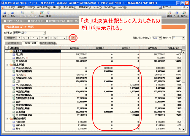 決算仕訳は期間「決」で別途集計できる