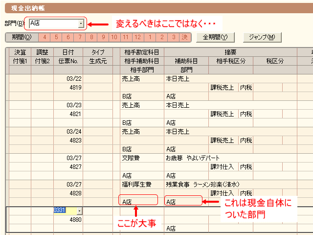 部門は入力した科目の下の欄をいじる