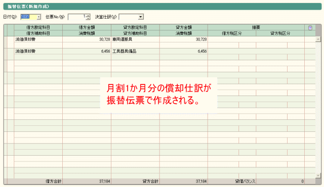 月割額で振替伝票が作成される
