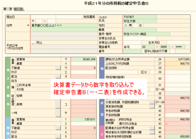 決算書から数字を取り込んで確定申告書Bを作成できる