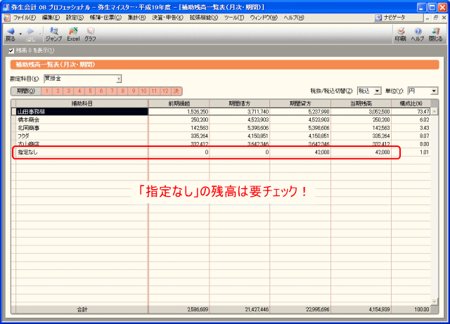 「補助残高一覧表」で「指定なし」をチェック